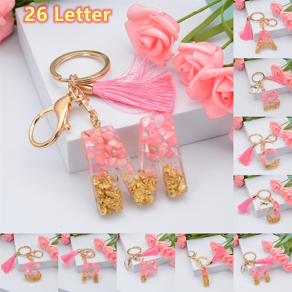 Pink Tassel Gold Foil 26 Letter Pendent Keychain for Women Resin Keyrings  Girls Bag Ornamant Accessories Gifts